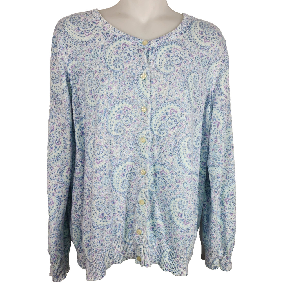 LL Bean Womens Sweater Cardigan Blue Paisley Button Front Supima Cotton Large